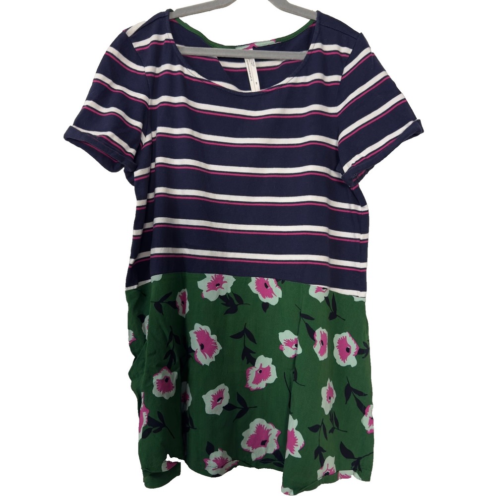 Anthropologie Size XS Navy Green Mixed Print Floral Stripe Tunic Top Artsy Boho